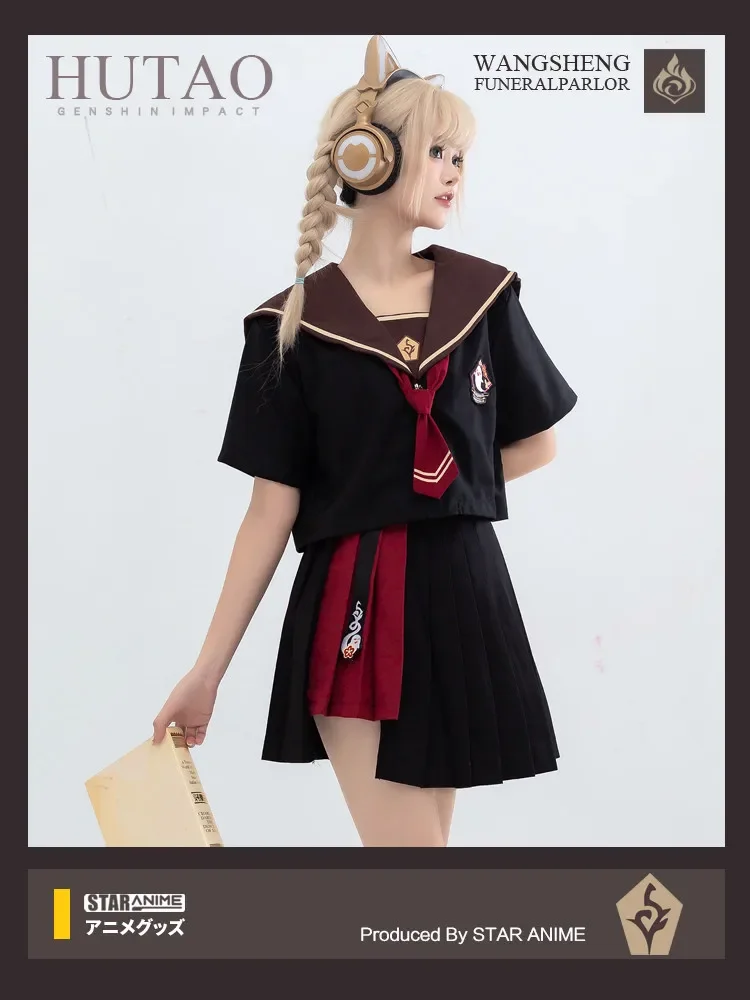 

Anime Genshin Impact Hu Tao Cosplay T-Shirt Tops and Pleated Skirt Sailor Suit Set Costume JK Uniform Cute Girl Women