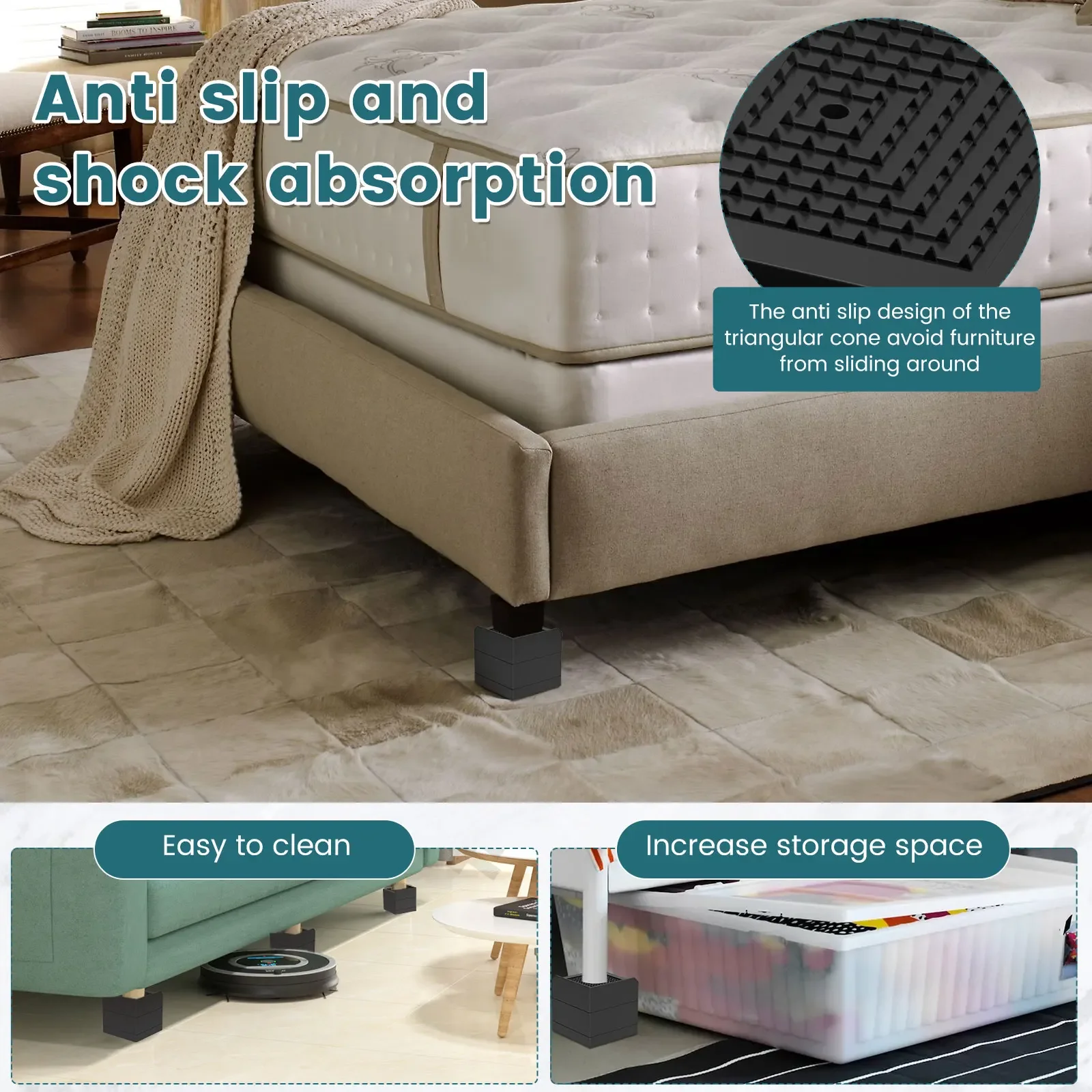 Adjustable Non-Slip Furniture Risers with Shock Absorption, Pack of 4
