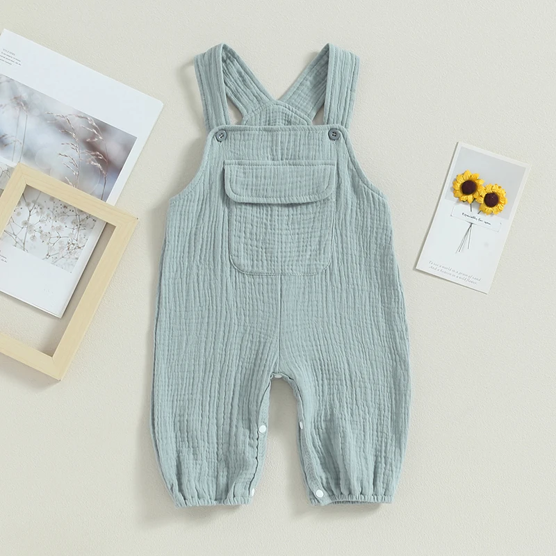 Kids Loose Jumpsuits Baby Summer Clothing Boys Girls Sleeveless Buttons Pockets Suspender Pants Children Overalls 0-24M