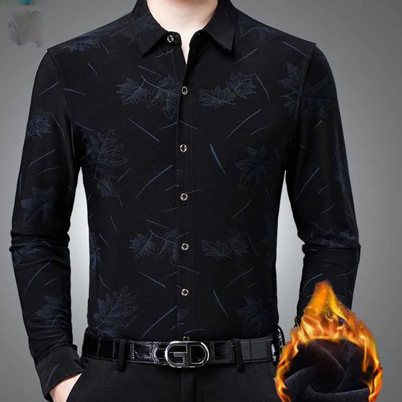 Fashion Lapel Button Korean Long Sleeve Printed Shirts Men's Clothing 2023 Winter Loose Casual Tops All-match Warm Shirts