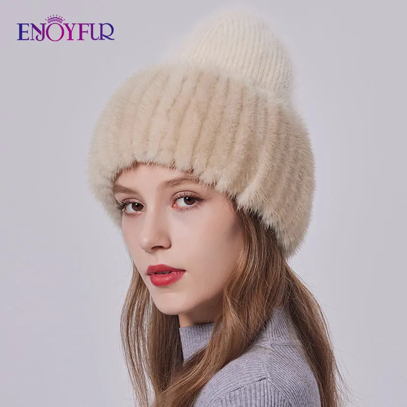 ENJOYFUR Women Winter Angora Hats With Real Mink Fur Knit Brim Female Thick Warm High Quality Mink Fur Knitted Hats 2