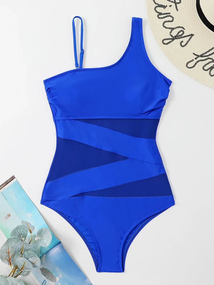 Blue One-Piece Sexy Mesh Solid Colour Swimwear