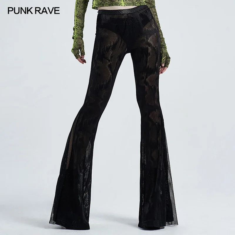 PUNK RAVE Women's Gothic Fringe Jacquard Mesh Skinny Pants Sexy Transparent Printed Python Texture Waistband Flared Trousers