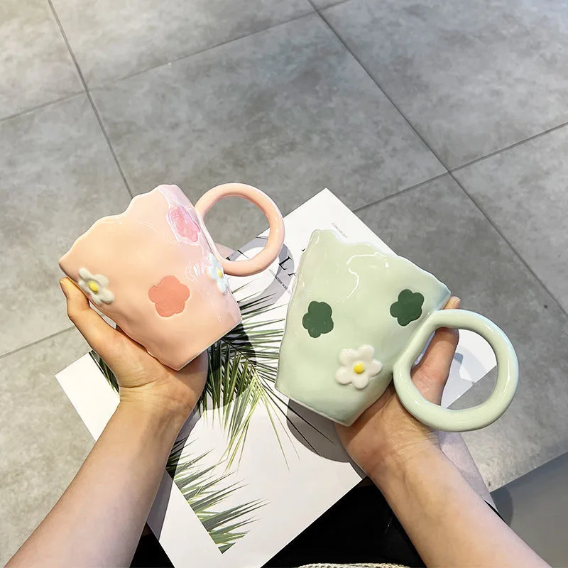 Korean Style Hand Made Irregular Mug Hand Painted Flowers Ceramic Mug  aesthetic