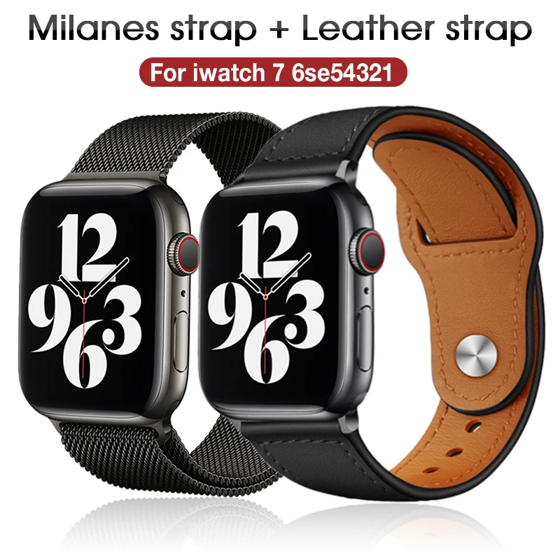 

2Pcs Apple Watch Strap 41/45mm 38/40mm 42/44mm for iWatch Series 7/6/SE/5/4321Genuine Leather Strap+Milanese steel ball band