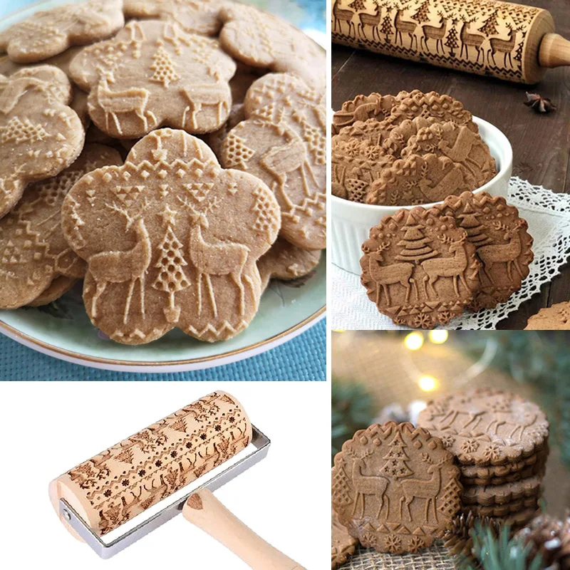Nudelholz mit Weihnachtsprägung aus Holz, gravierte DIY-Werkzeuge zum Backen von Keksen und Kindern – Detail 1