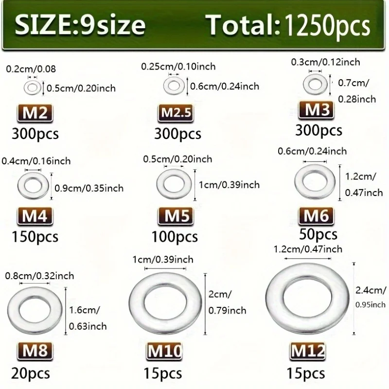 Stainless Steel Flat Washers Assortment Kit - 1250-Piece Set
