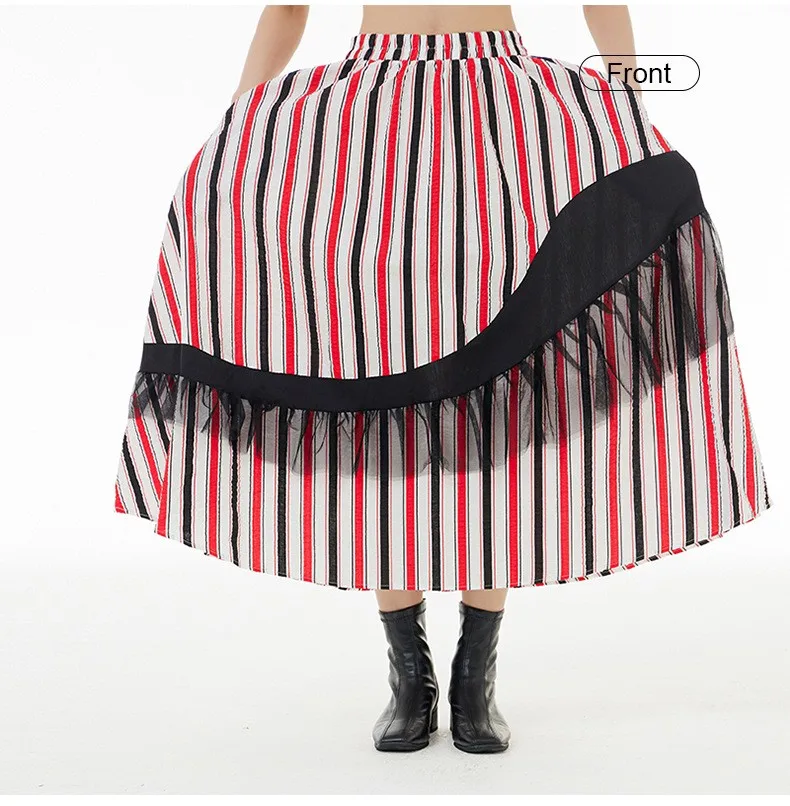 Stripe Lace Bell Skirt  Women’s Korean French look contrasting color vertical bar oversized womens loose thin striped bell skirts tide for woman in white with red stripes laced Fall autumn winter spring fashion season