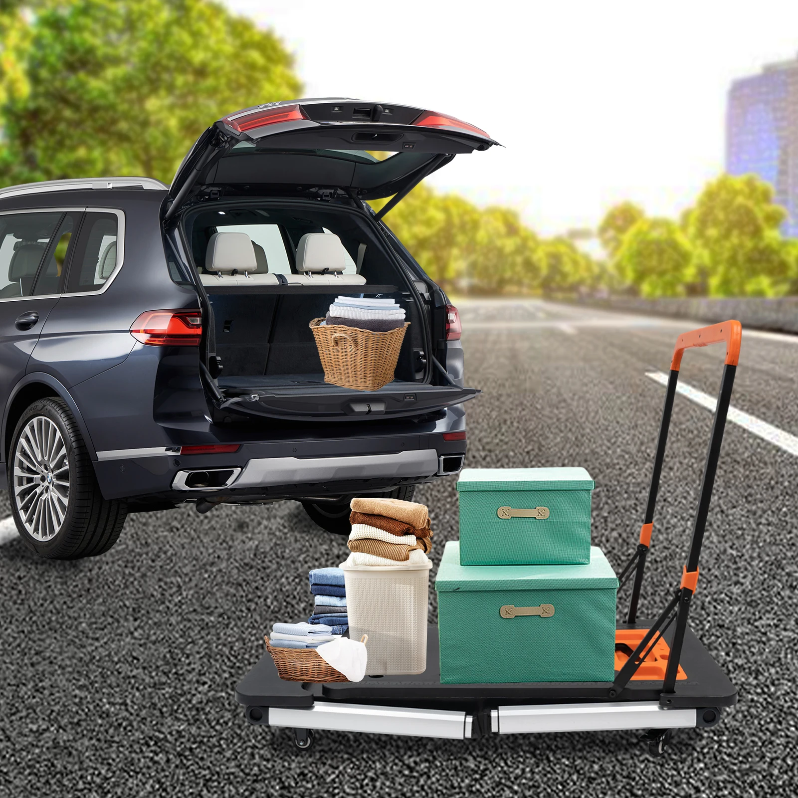 Tragbare 7-in-1 Werkbank Klappbarer Ständer Multifunktionale Arbeitsplattform mit Trolley Handwagen für Dekoration/Bauarbeiten/Holzarbeiten – Detail 6