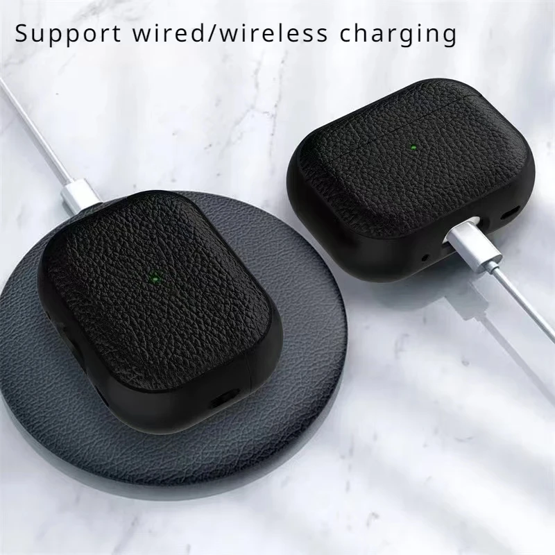 Luxury Lychee Leather Case For AirpPods Pro 1 2 Case Airpods 4 3 2 1 Cover Apple Bluetooth Earphone Shell with Hook Accessories