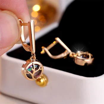 Rainbow Zircon Tree Branches Pendant Hoop Earrings For Women Vintage Gold Color Ear Buckle Wedding Jewelry Engagement Party Gift