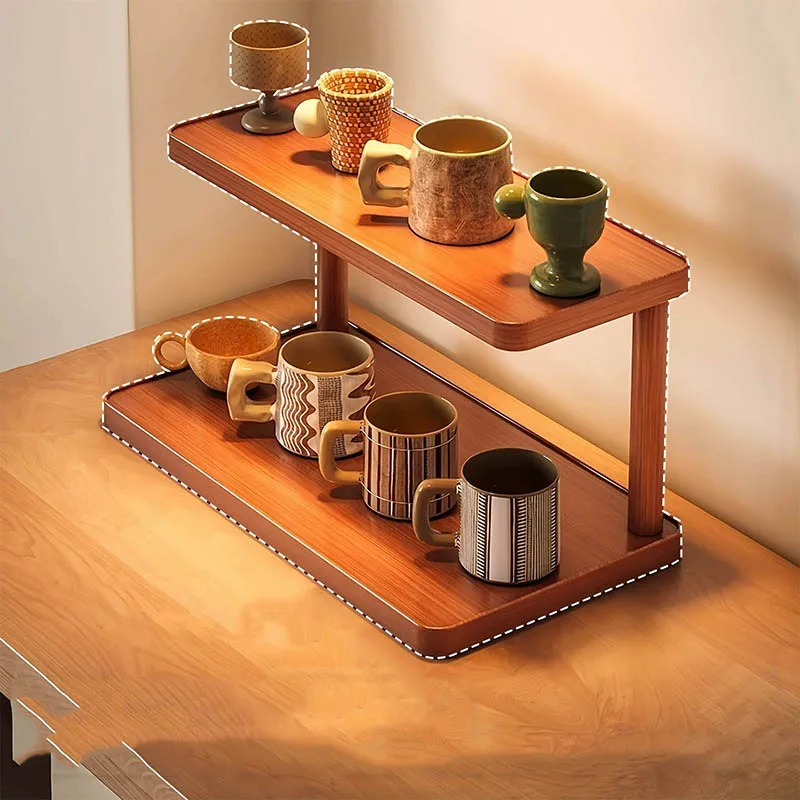 Versatile 2-Tier Wooden Storage Rack for Kitchen&Tea Room-Countertop Organizer with Decorative Desktop Multi-layer Storage Rack 1