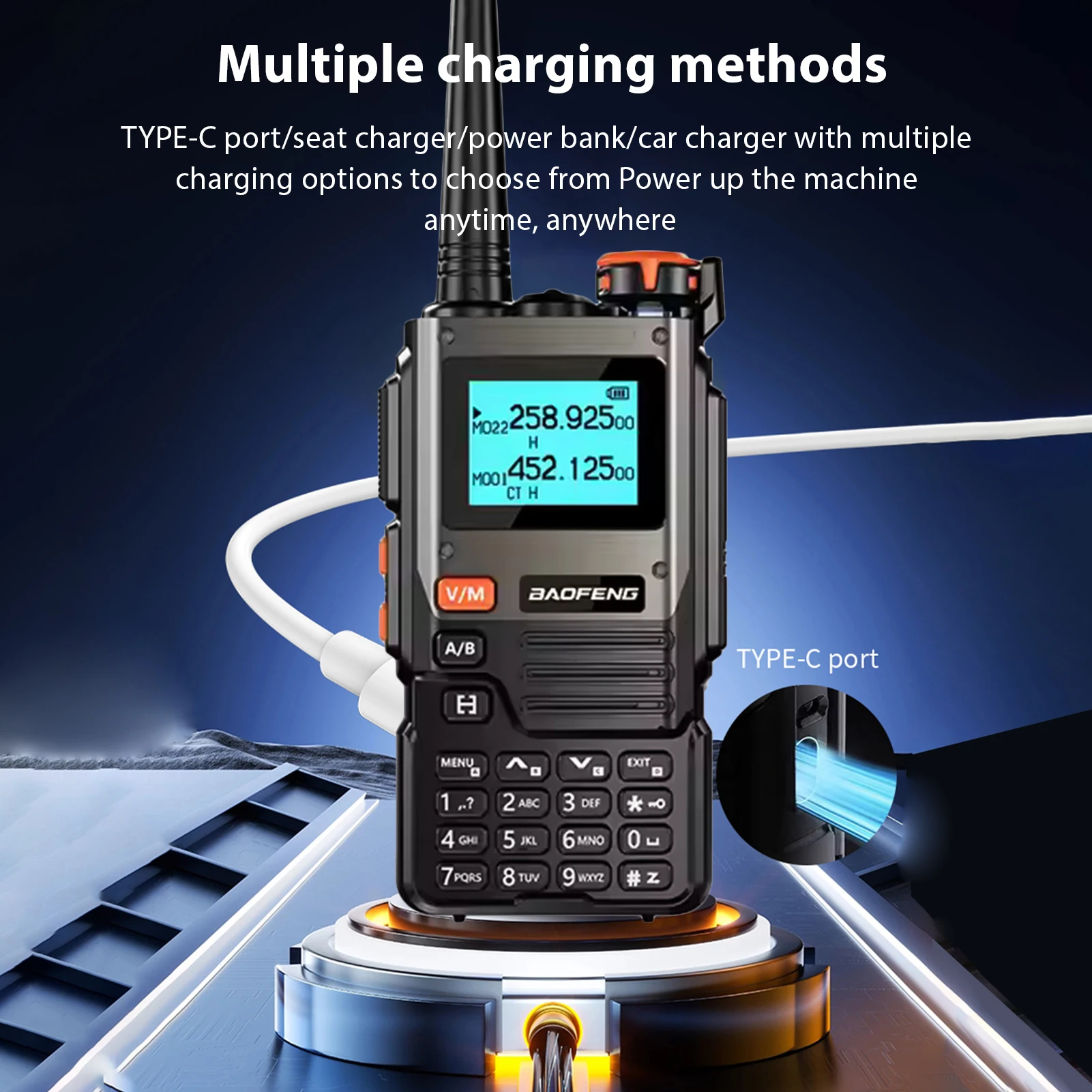 EU Plug 5W Walkie Talkie Long Range Wireless Interphone Dual Band 2Way Radio NOAA Weathre Alert AM/FM LCD Flashlight Type C