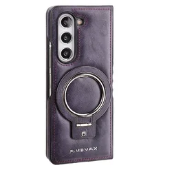 Leather Magnetic Ring Holder Case with Wireless Charging Compatibility and Shockproof Protection for Galaxy Z Fold 5 (Purple)