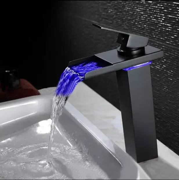 High Quality Antique Oil Rubbed  Led Waterfall Faucet Bathroom Basin Sink Mixer with two pcs plumbing hoses water tap