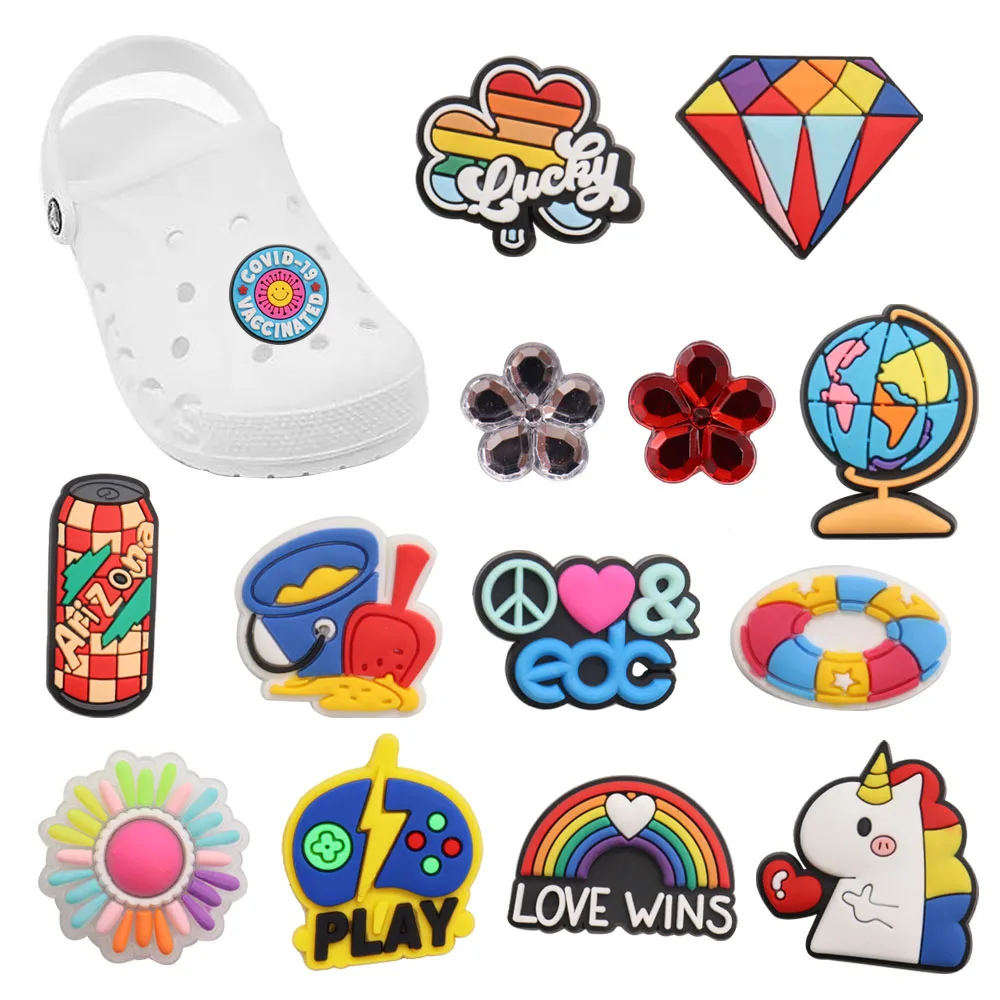 

Wholesale 50pcs PVC Shoe Charms Rainbow Globe Unicorn Diamond Accessories DIY Shoe Decoration For Croc Jibz Kids X-mas Gift