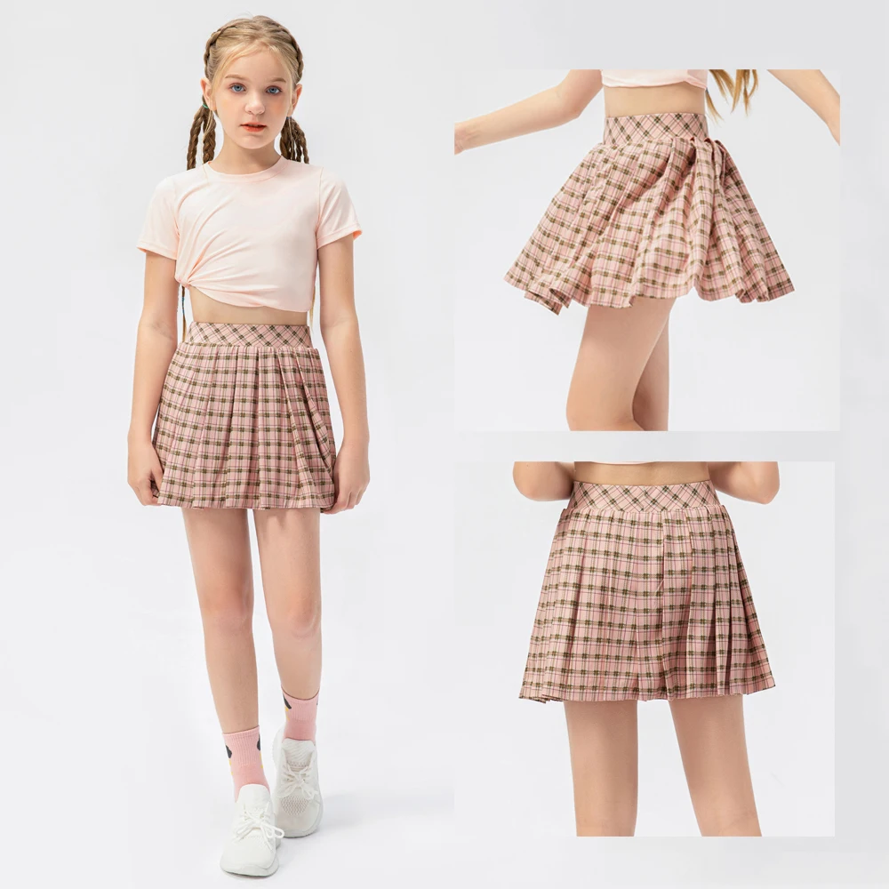 Kids Sport Skort with Pockets Girls Teen Pleated Checks Anti-glare Dance Golf Tennis Running Shorts with Skirt