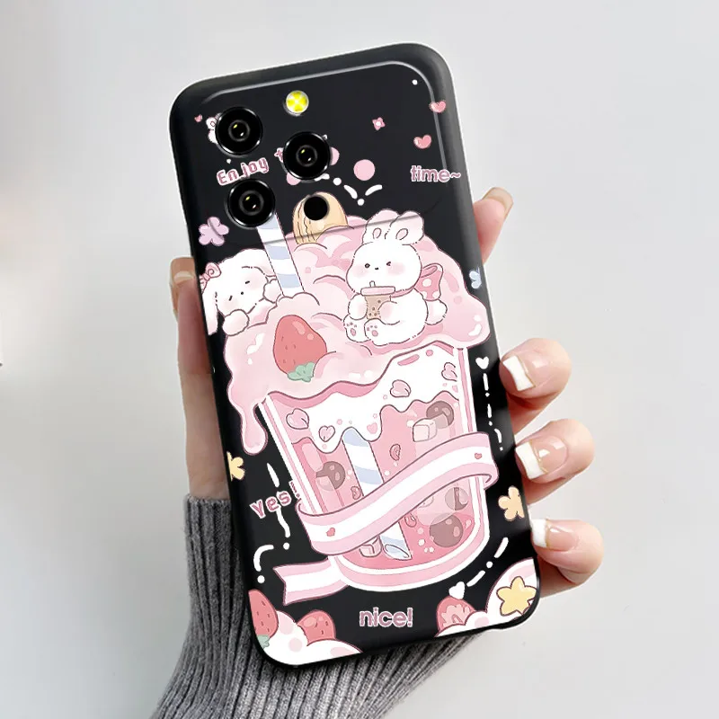 Luxury Silicone Phone Case with Cute Love Heart and Funny Rabbit Cartoon Design - Black Soft TPU Back Cover