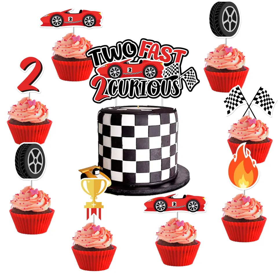 ShuanQ Two Fast Cake Topper – Racing Theme 2nd Birthday Decor For Boys, Pre-Assembled Sparkling Paper