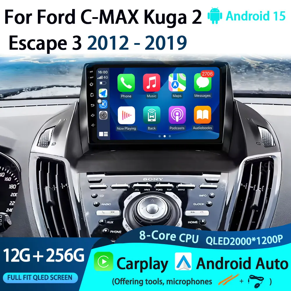 Android 15 Head Unit QLED Radio für Ford C-MAX Kuga 2 Escape 3 2012 - 2019 Android Auto Multimedia Player GPS Navigation Carplay