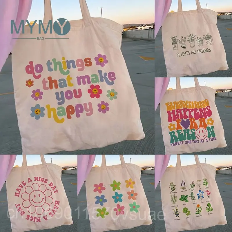 

Y2K Positive Letters Canvas Shoulder Bag Women Eco-Friendly Shopping Bags Folding Handbag Large Capacity for Travel Tote Bags