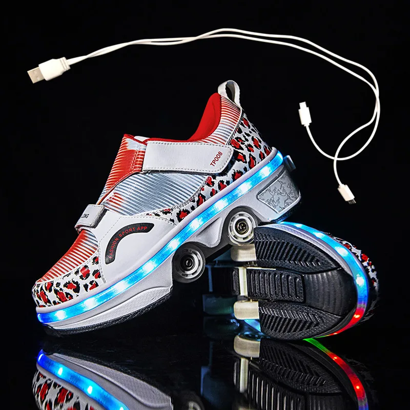 

Casual Sneakers Walk Roller Skates USB Charging Four Wheel Skates for Adult Men Women Unisex Child Deform Wheel Led Light Shoes