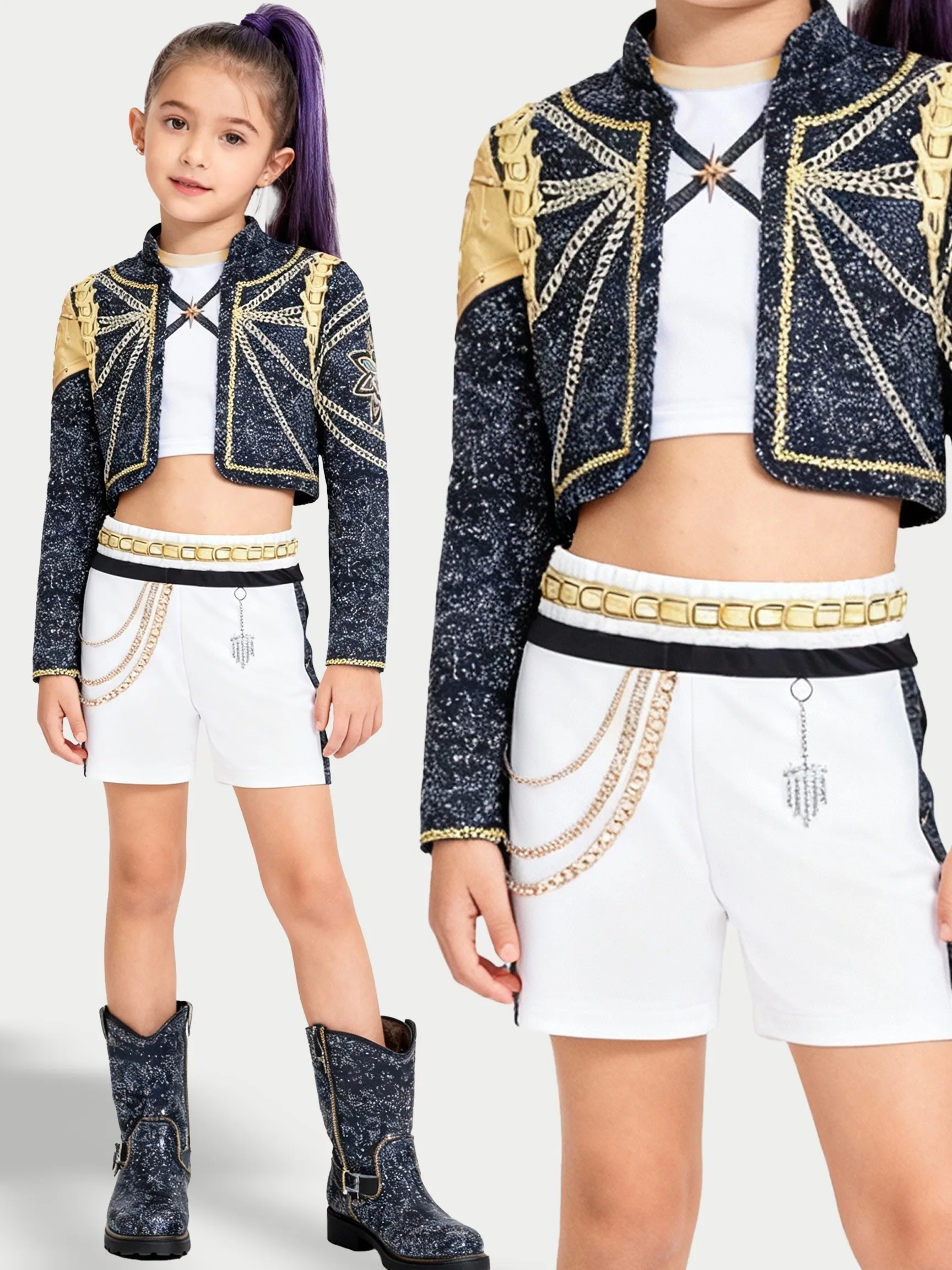 Trendiges Mädchen 3-teiliges Glitzer-Outfit mit Goldverzierung Jacke & Shorts mit Kettendetails für Cheerleading & Tanzaufführungen