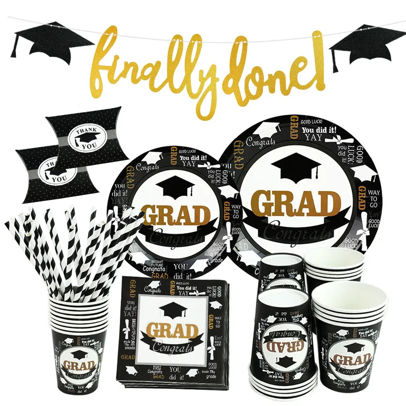 Congratulation Graduated Party Disposable Tableware Paper Cups Doctor Hat Candy Box For Congrats Grad Party Decor Banner Garland