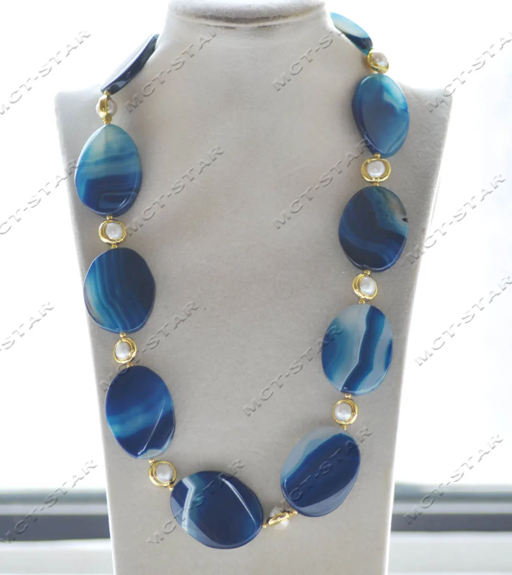 

MTC · STAR Z12865 24 "40 мм Ожерелье из белого жемчуга с голубым агатом эллипсоидом и золотым покрытием