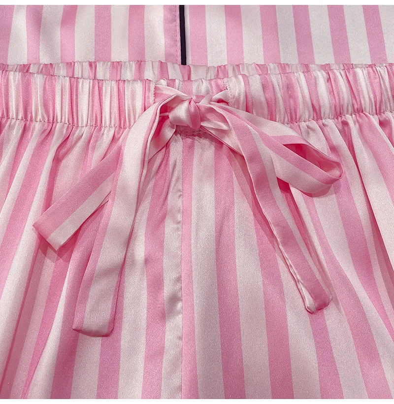 Summer Pajama Sets for Women Short Pink Striped Ice Silk Pajamas for Women Home Suit Clothing Sleepwear Sets Wholesale