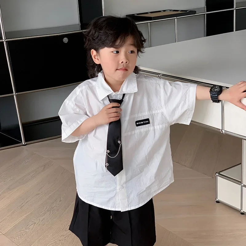 Boys' Loose Fit Short Sleeve Shirt Casual Korean Style Children's Clothing Summer Trendy Turn-down Collar Top