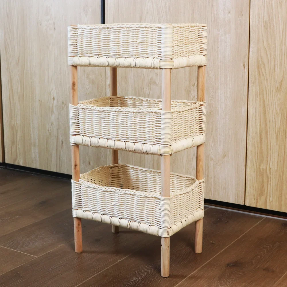 

Country-style floor-to-ceiling rattan storage shelves, B&B decorative sundries, shelves, hand-woven solid wood multi-layer stora