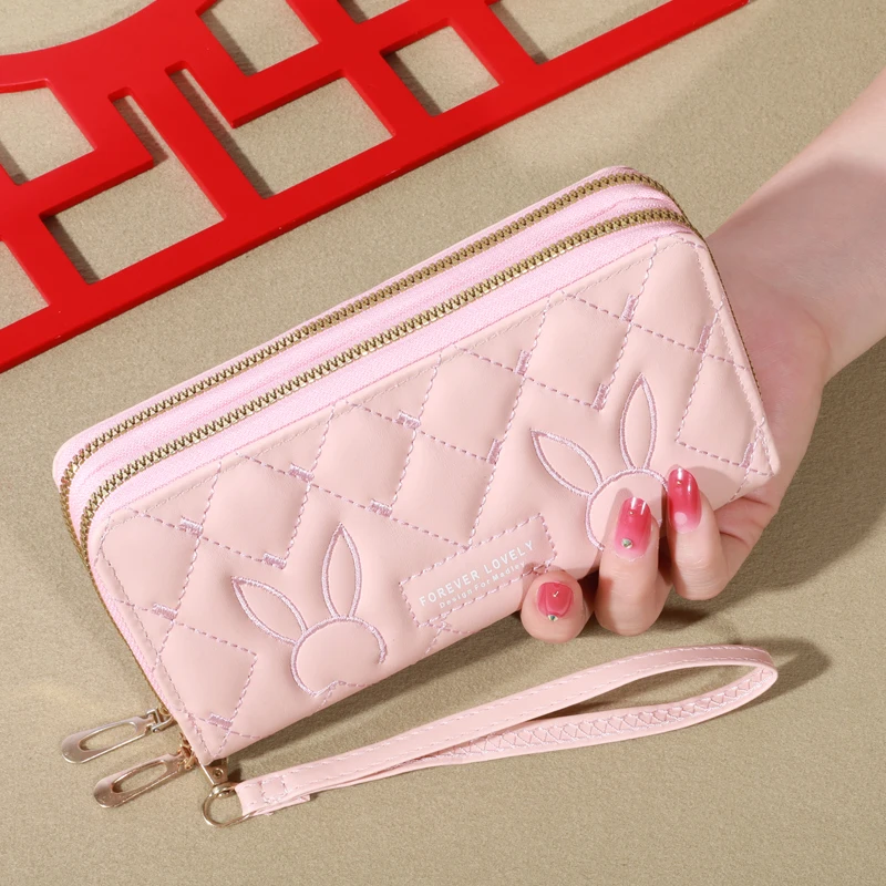 Elegant Faux Leather Women's Wallet: Solid Color Clutch with Double Zippers and Wristband