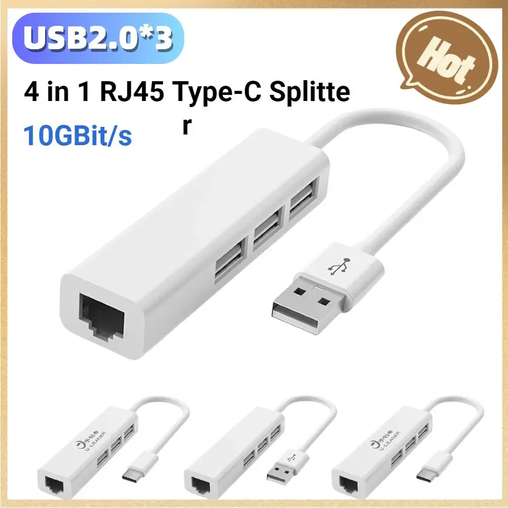

Type-C To RJ45 Lan Network Card 4 Port 4 in 1 RJ45 Type-C Splitter USB2.0 Type-C USB Network Card Hub 10GBit/s for Laptop Tablet