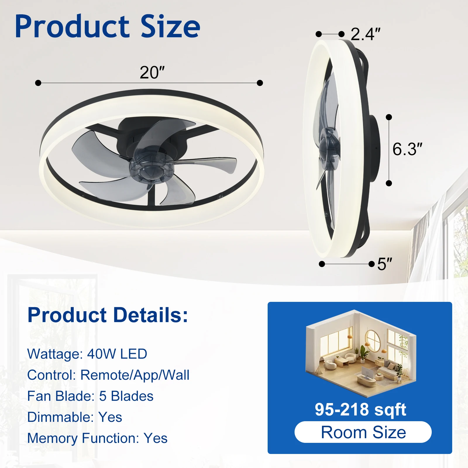 20" Modern Low Profile Flush Mount Fandelier - App & Remote Control, Dimmable Black Bladeless Ceiling Fan Light for Bedroom
