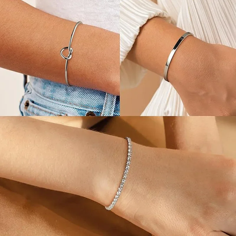 3pcs Stainless Steel Stack Cuff Bracelets for Women 14K