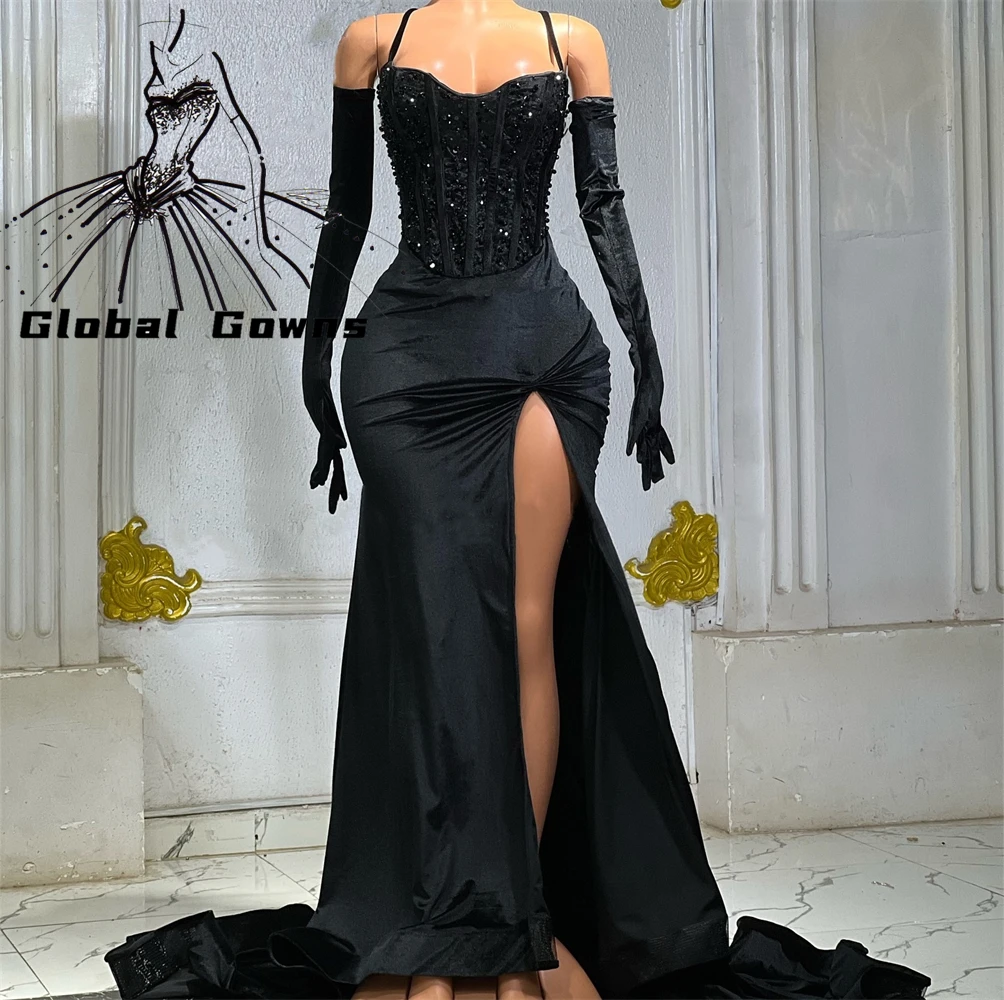 Black Sexy Evening Dresses Bead 2024 Birthday Luxury Dress Gloves Mermaid Formal Gown With Split vestidos de noche Customized