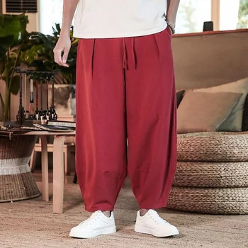 Pantalones de algodón y lino para hombre, ropa de calle holgada de Fitness, de talla grande, Color sólido, novedad, verano, M-5XL 2