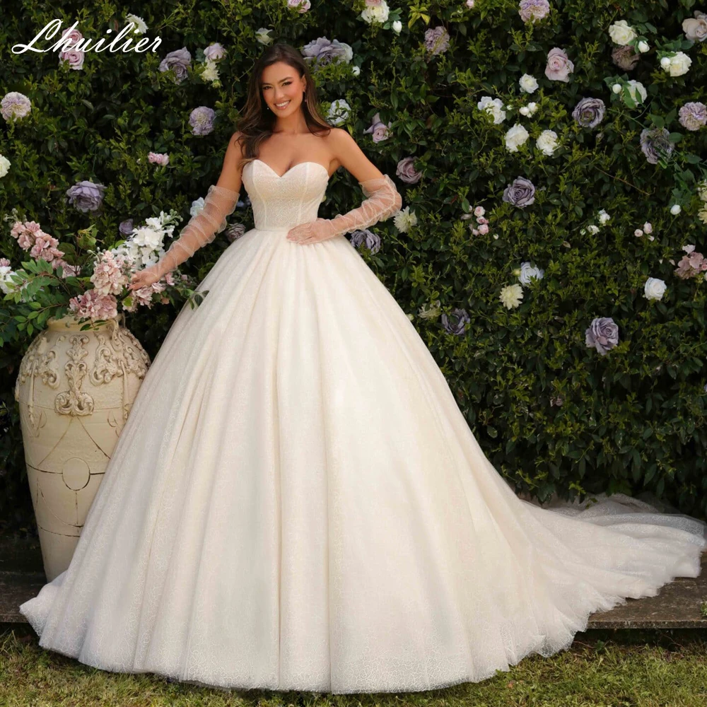 

Lhuillier Elegant Ball Gown Strapless Lace Wedding Dresses Floor Length Glitter Tulle Bridal Dress with Chapel Train