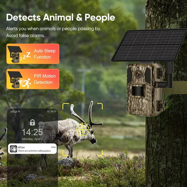 1/2PCS UCon 4G Cellular Trail Camera 2K Solar Hunting Camera Wildlife Security Camera Motion Activated 0.2s Trigger Night Vision 4