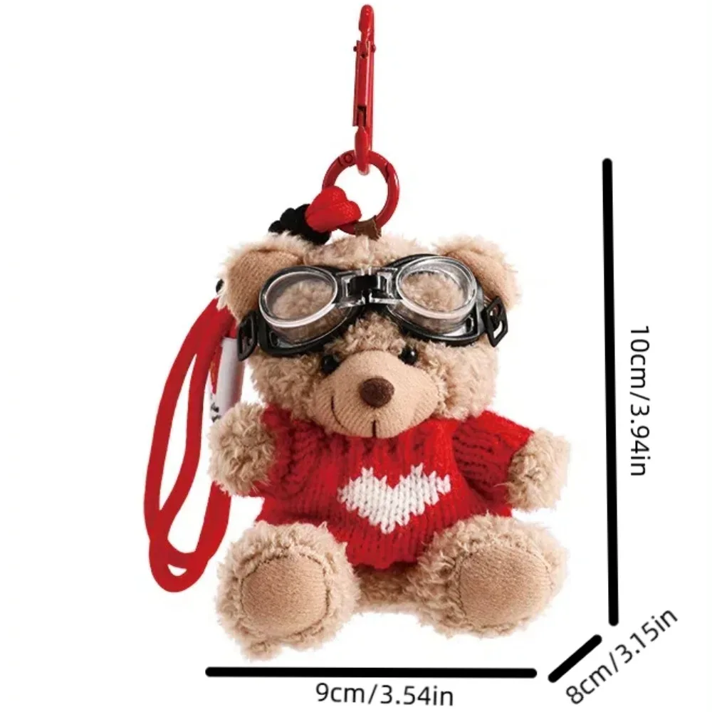 Kawaii Goggles Pilot Bear Keychain Pearl Bell Plush Bear Key Ring Doll Clothing Hanging Rope Stuffed Animal Pendant Bag