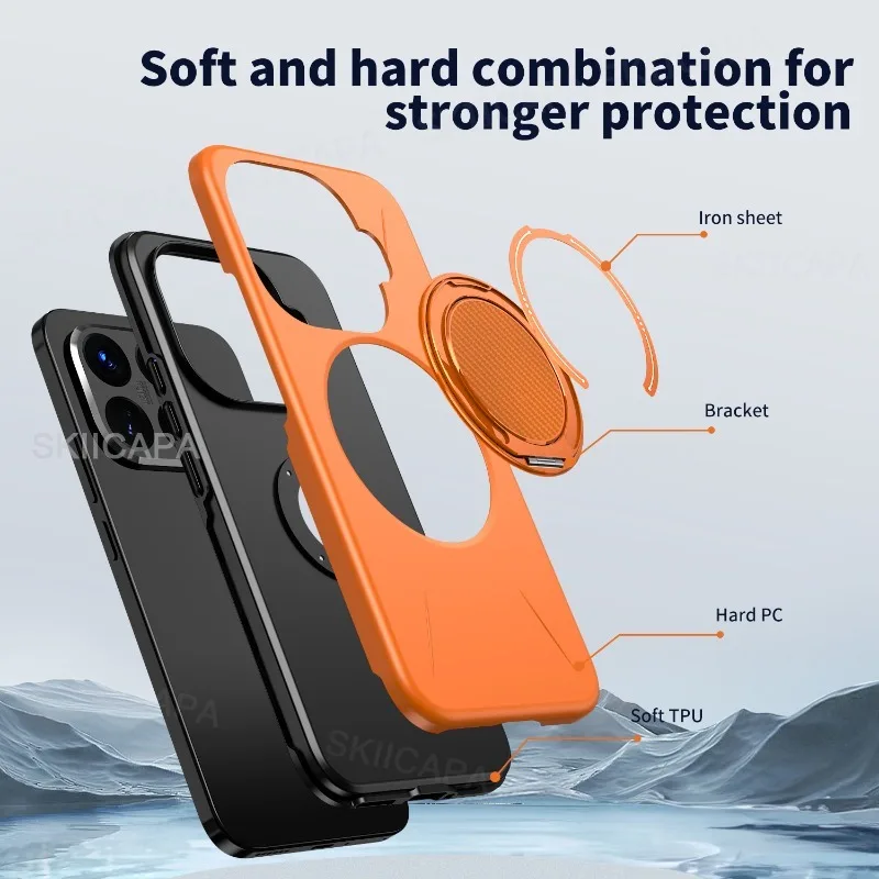 Armor Magnetic Bracket Case with Magsafe Ring Holder - Shockproof Hard Bumper Cover
