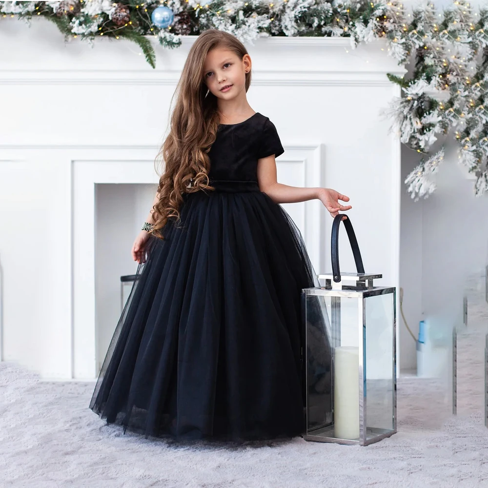 

O-neck Velet Flower Girl Dress A-line Tulle Bow Christmas Birthday Party Dress for Kid Princess Ball Gown First Communion Gown