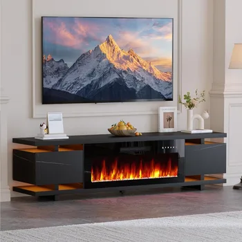 36" Marble‑Textured Electric Fireplace TV Stand with Hidden Gloss Storage 1