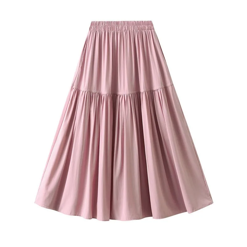 

Treutoyeu Vintage Patchwork Pleated Black Long Skirts for Women High Waist Spring Summer A Line Polyester Skirt Korean Style