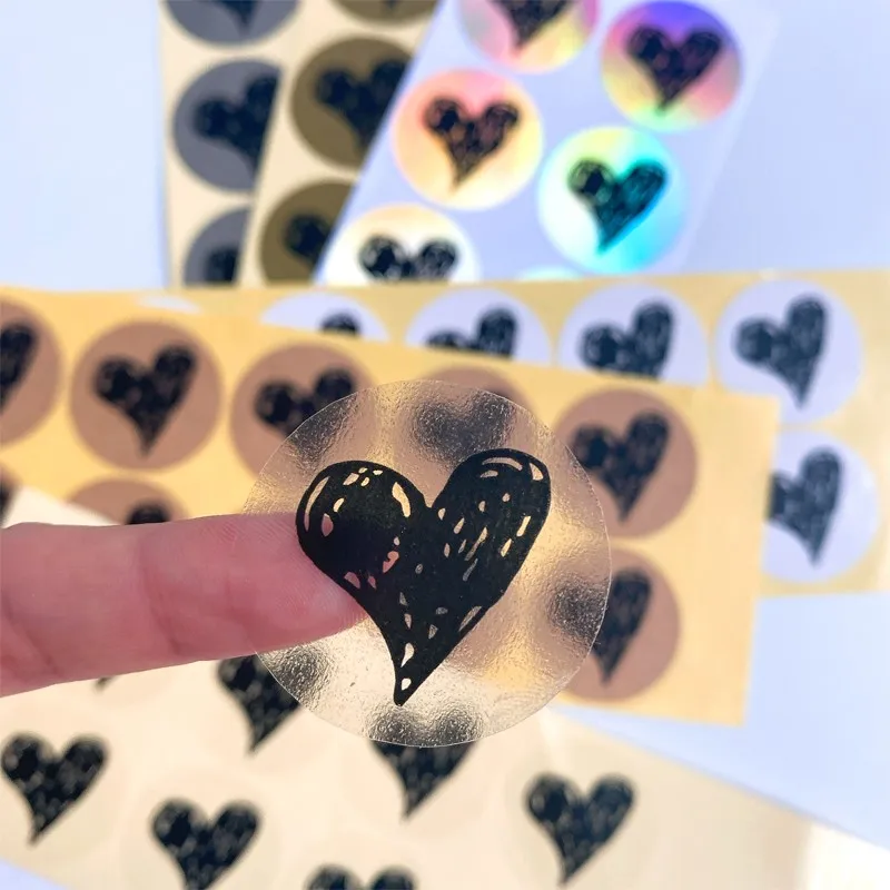 100PCS Heart Black hand painted round transparent white cowhide foil gold silver sealing sticker diy LOVE Stickers 35MM