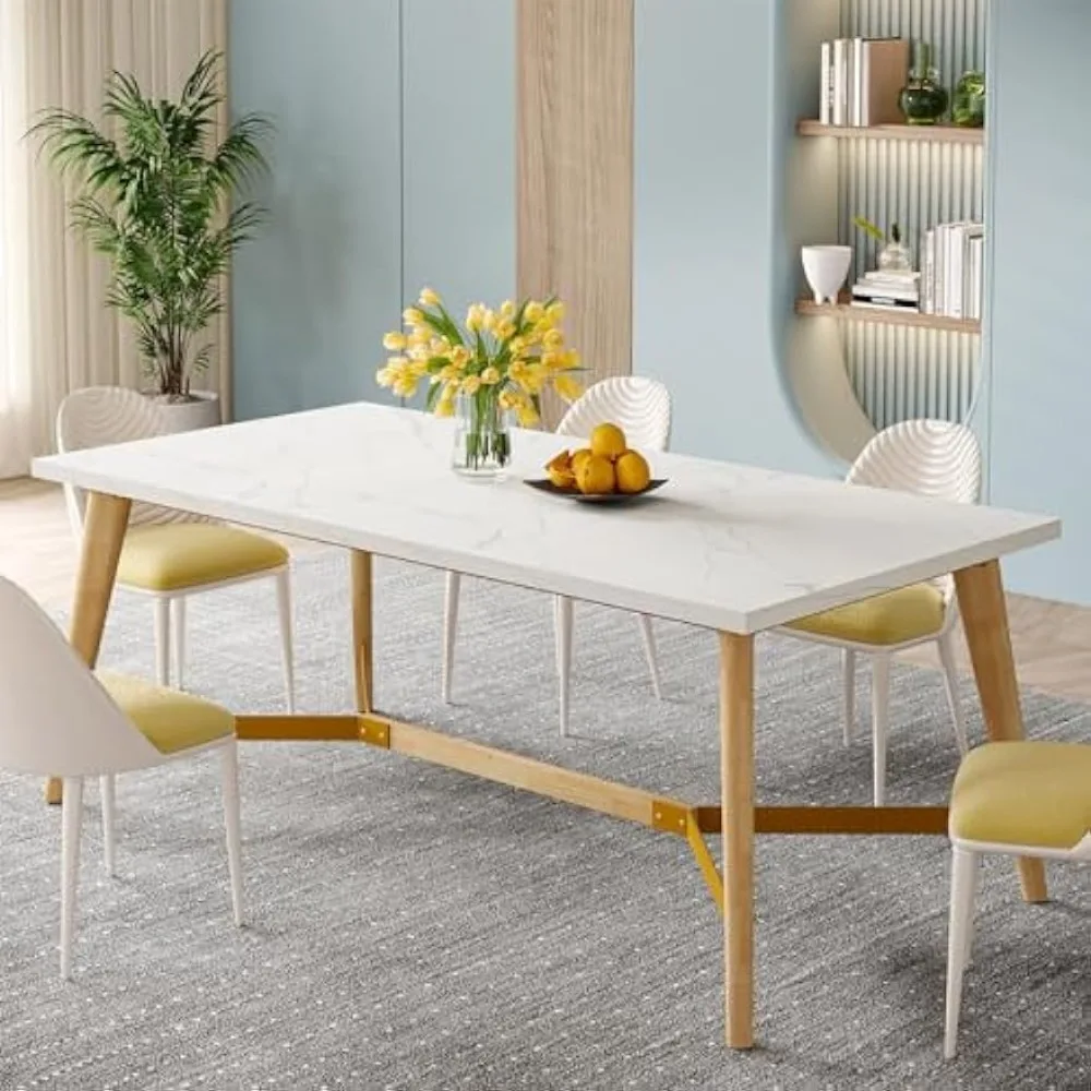 Dining Table for 6-8 People, 70.9 Inch Rectangular Kitchen Table with Solid Wood Legs, Faux Marble Wood Dining Table