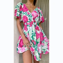  Elegant Sexy Women Summer Dress Beach Flower Print Dress 2022 New V-Neck Short Puff Sleeves Hollow Open Waist Lace-up Mini Dress 