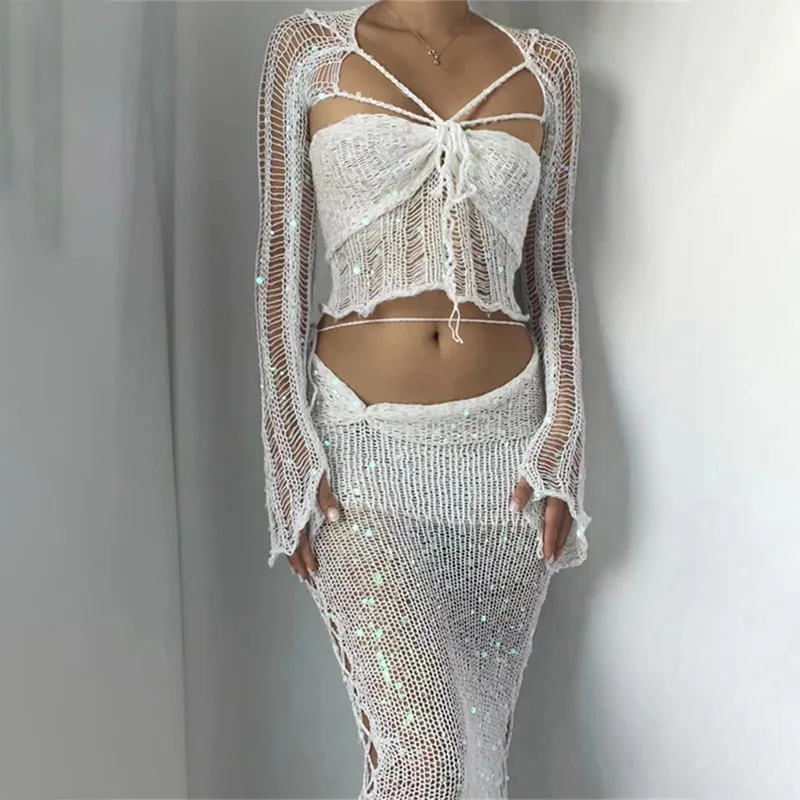 

XUAN PhD Sequins Knitted Hollow Out Long Sleeve Crop Top And Midi Bodycon Skirt Four Piece Set Summer Women Beach Outfits Dress