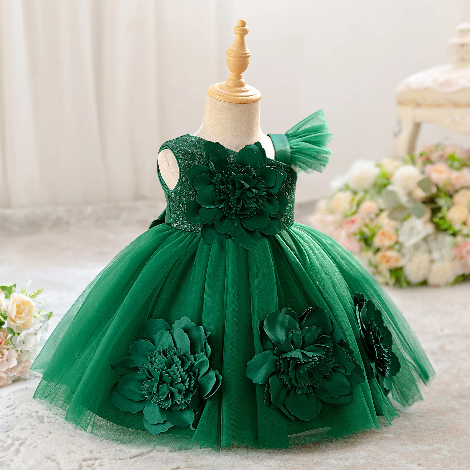 Kleinkind Blumen-Schleife Partykleid für Mädchen Pailletten Hochzeit Brautjungfernkleid Elegantes 1. Geburtstag Abendkleid Festliche Kostüme – Detail 12